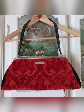 Karen Wilson Red Velvet Damask Baguette Handbag With Strap